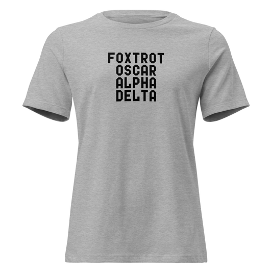 "Foxtrot Oscar Alpha Delta" printed on a athletic heather on an invisible / simulated body