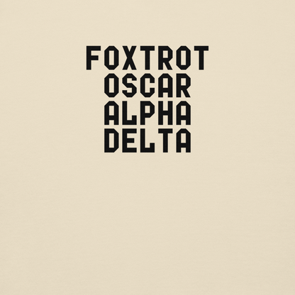 "Foxtrot Oscar Alpha Delta" printed on a bone background