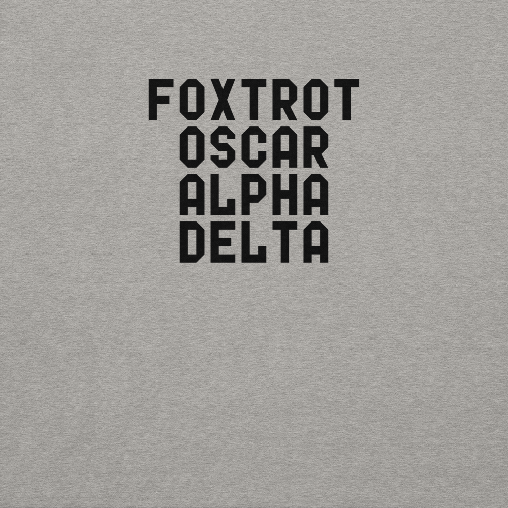 "Foxtrot Oscar Alpha Delta" printed on a carbon grey background