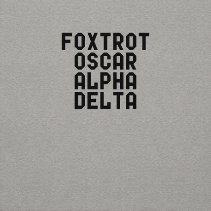 "Foxtrot Oscar Alpha Delta" printed on a carbon grey background