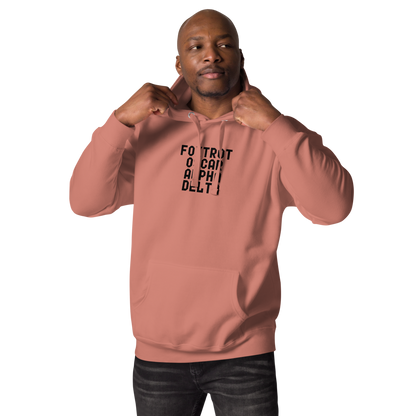 "Foxtrot Oscar Alpha Delta" printed on a dusty rose unisex hoodie worn by a male