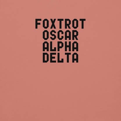 "Foxtrot Oscar Alpha Delta" printed on a dusty rose background
