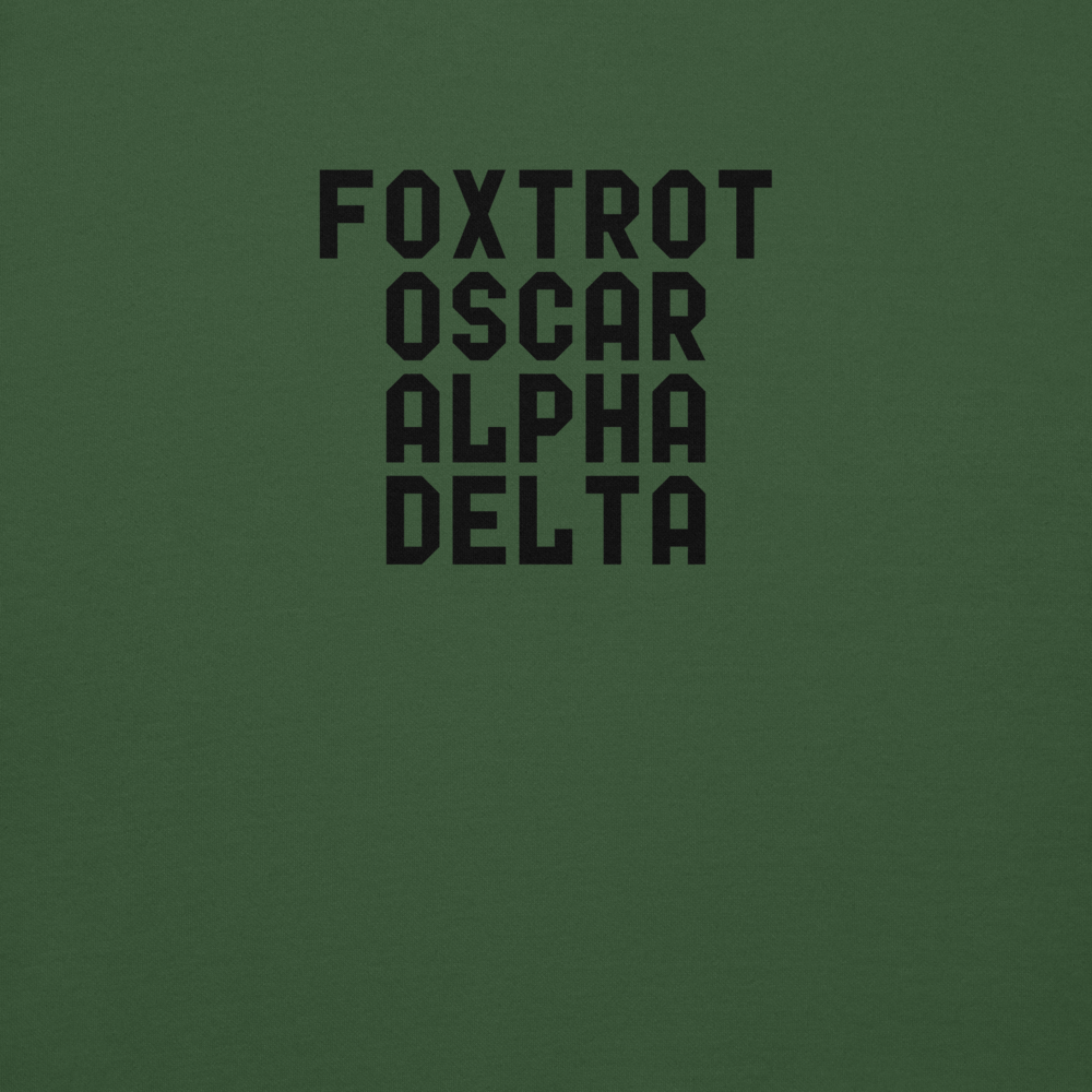 "Foxtrot Oscar Alpha Delta" printed on a forest green background