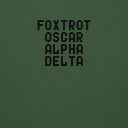 "Foxtrot Oscar Alpha Delta" printed on a forest green background