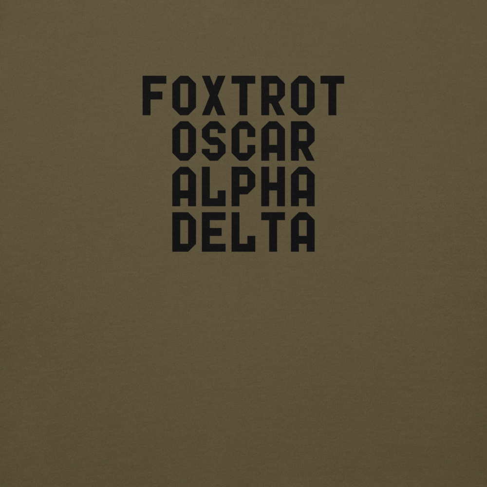 "Foxtrot Oscar Alpha Delta" printed on a military green background