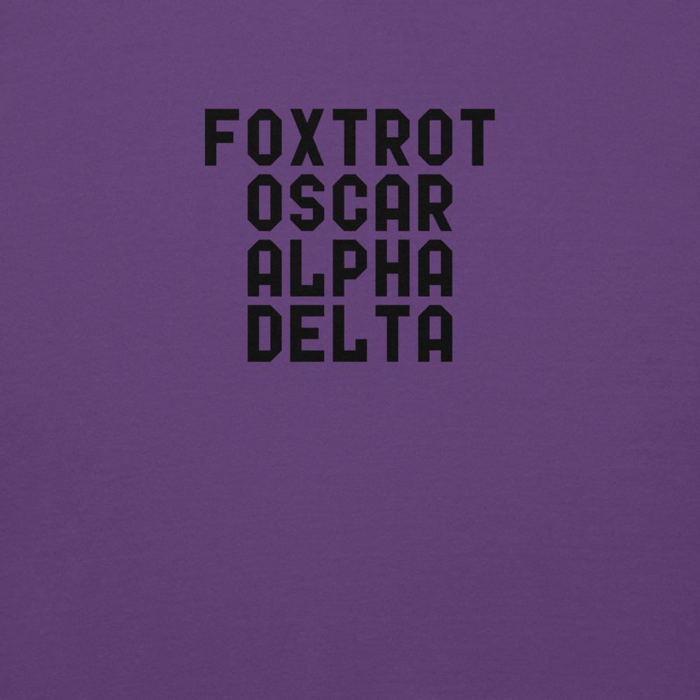 "Foxtrot Oscar Alpha Delta" printed on a purple background