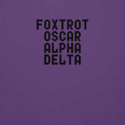 "Foxtrot Oscar Alpha Delta" printed on a purple background