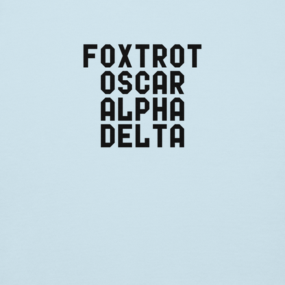 "Foxtrot Oscar Alpha Delta" printed on a sky blue background