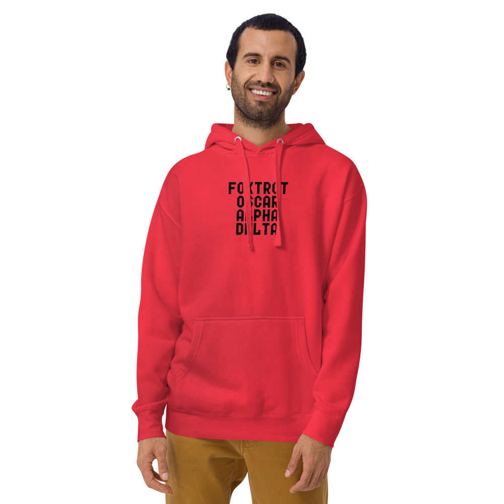 "Foxtrot Oscar Alpha Delta" printed on a team red warn by a male