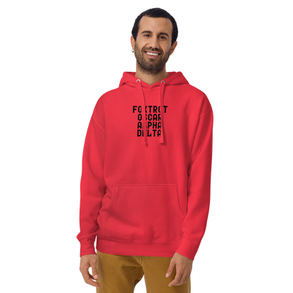 "Foxtrot Oscar Alpha Delta" printed on a team red warn by a male