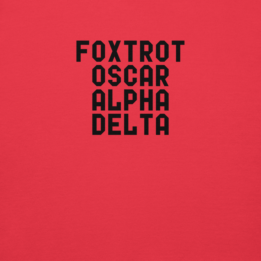 "Foxtrot Oscar Alpha Delta" printed on a team red background