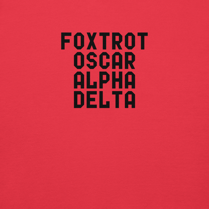 "Foxtrot Oscar Alpha Delta" printed on a team red background