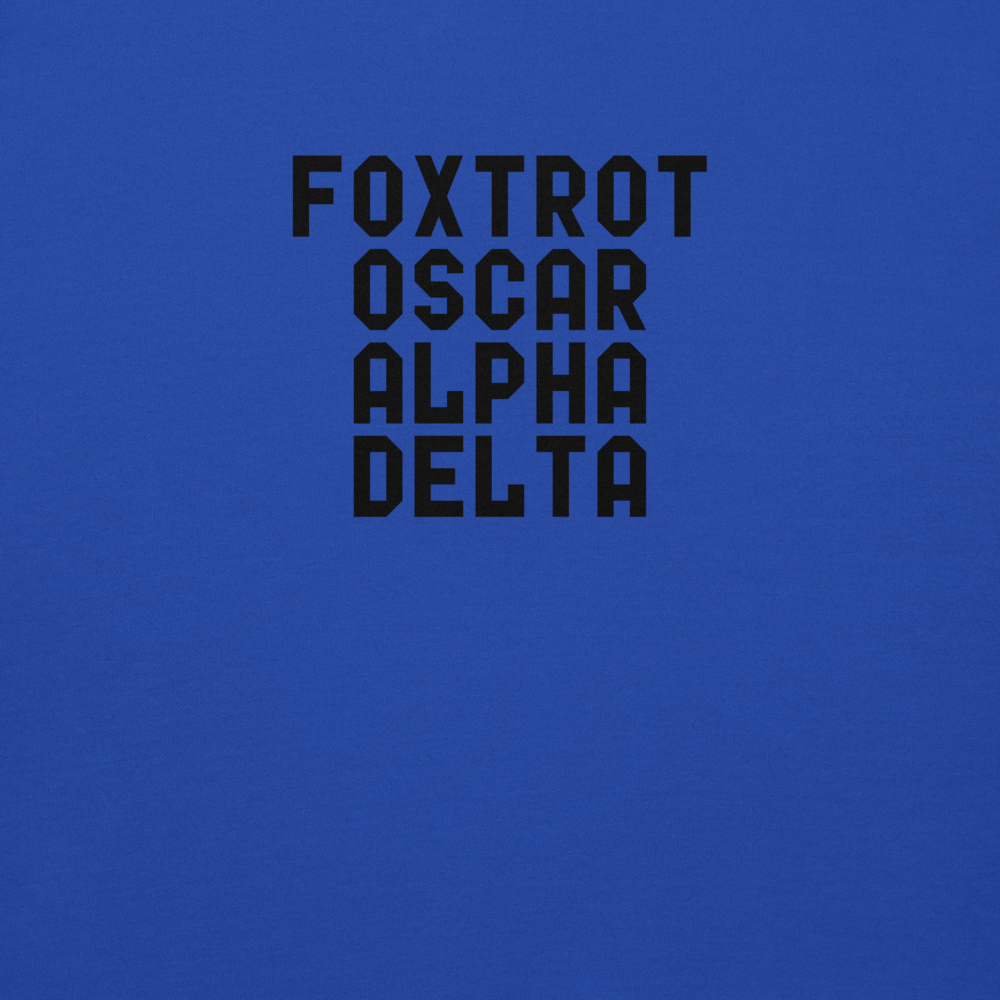 "Foxtrot Oscar Alpha Delta" printed on a team royal background