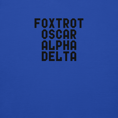 "Foxtrot Oscar Alpha Delta" printed on a team royal background