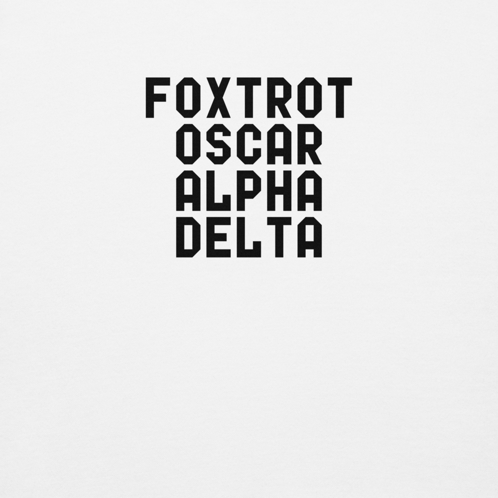 "Foxtrot Oscar Alpha Delta" printed on a white background