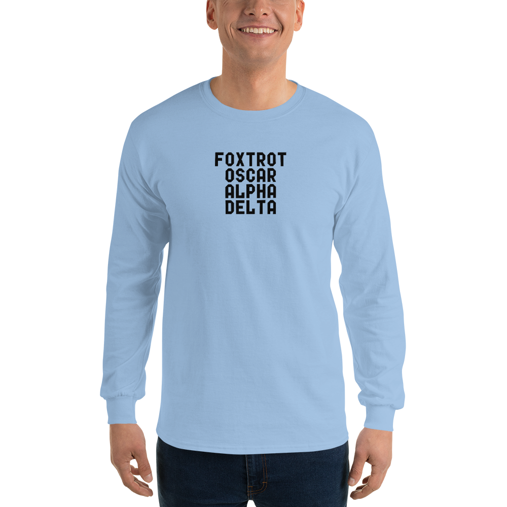 "Foxtrot Oscar Alpha Delta" printed on a light blue men's long sleeve shirt worn by a male