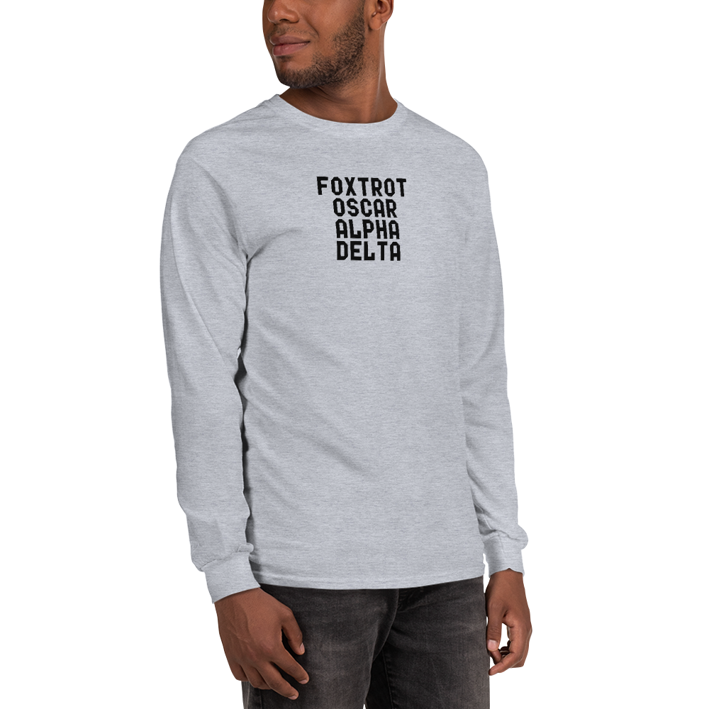 "Foxtrot Oscar Alpha Delta" printed on a sport grey men's long sleeve shirt worn by a male