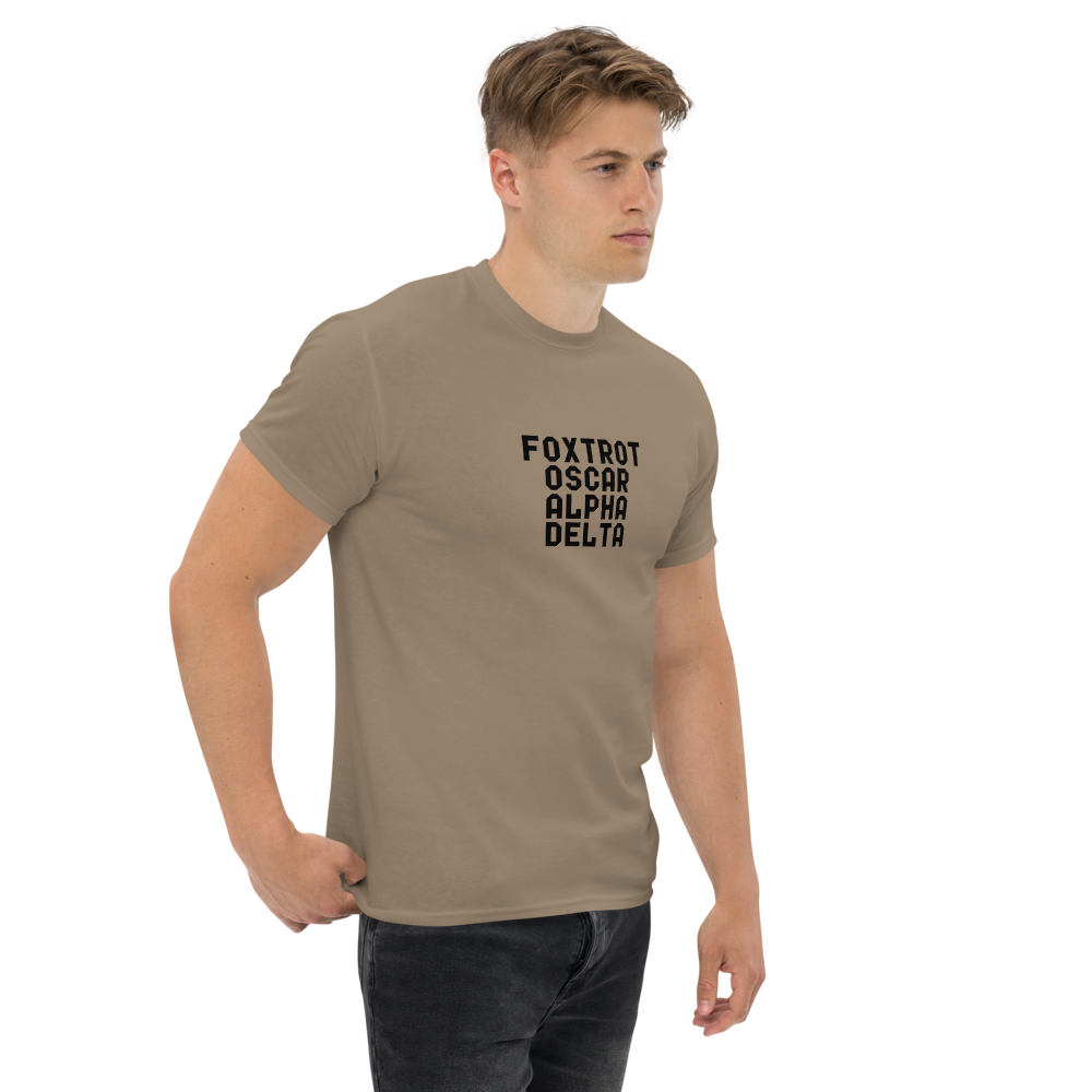 "Foxtrot Oscar Alpha Delta" printed on a brown savana unisex classic tee worn by a male