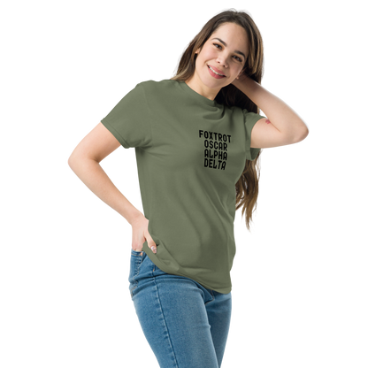 "Foxtrot Oscar Alpha Delta" printed on a military green unisex classic tee worn by a female