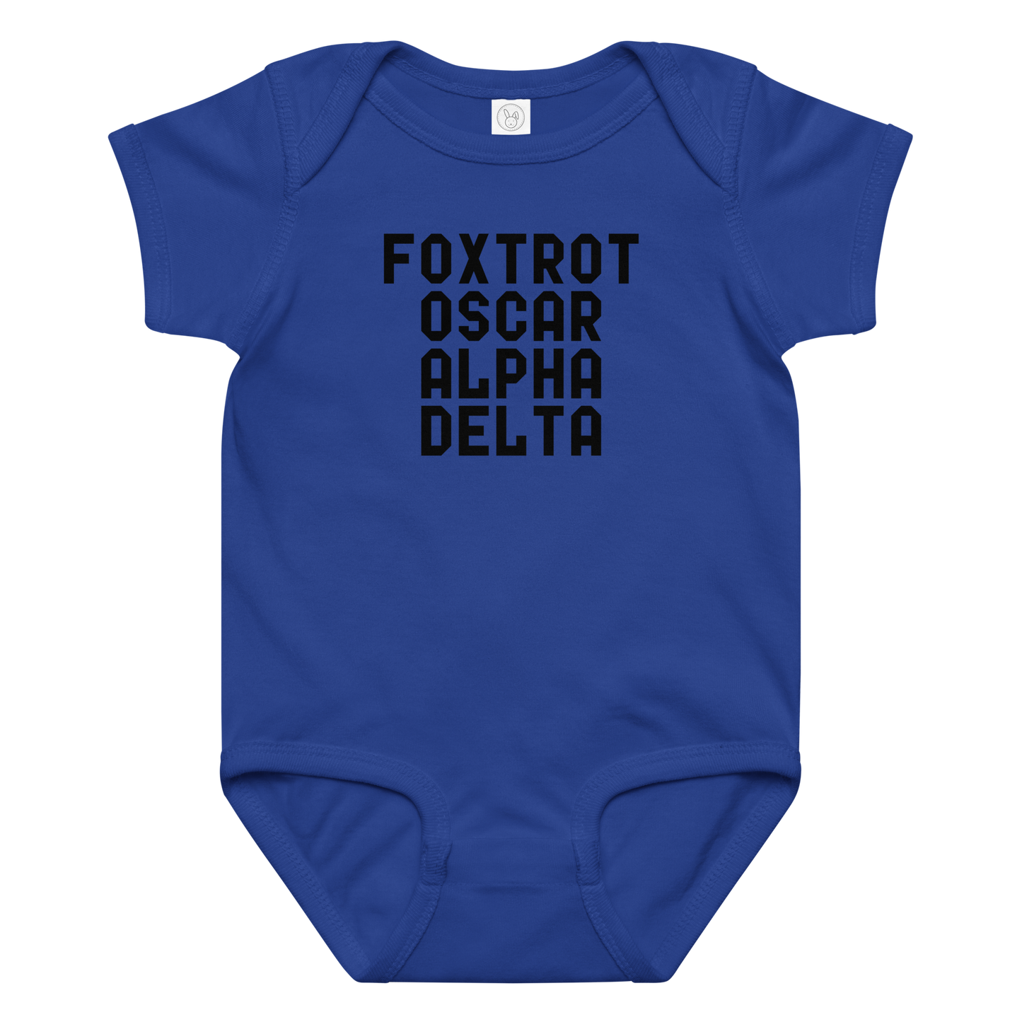 "Foxtrot Oscar Alpha Delta" printed on a royal baby jersey bodysuit laying on a flat surface amongst other clothes