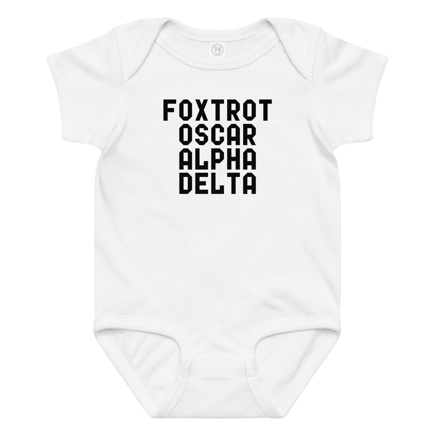 "Foxtrot Oscar Alpha Delta" printed on a white baby jersey bodysuit laying on a flat surface amongst other clothes