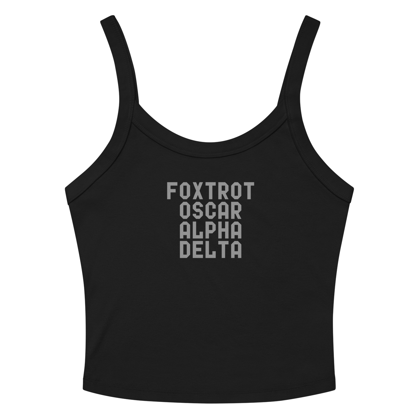 "Foxtrot Oscar Alpha Delta" printed on a solid black blend women's micro-rib tanktop laying on a flat surface amongst sunglasses and shorts
