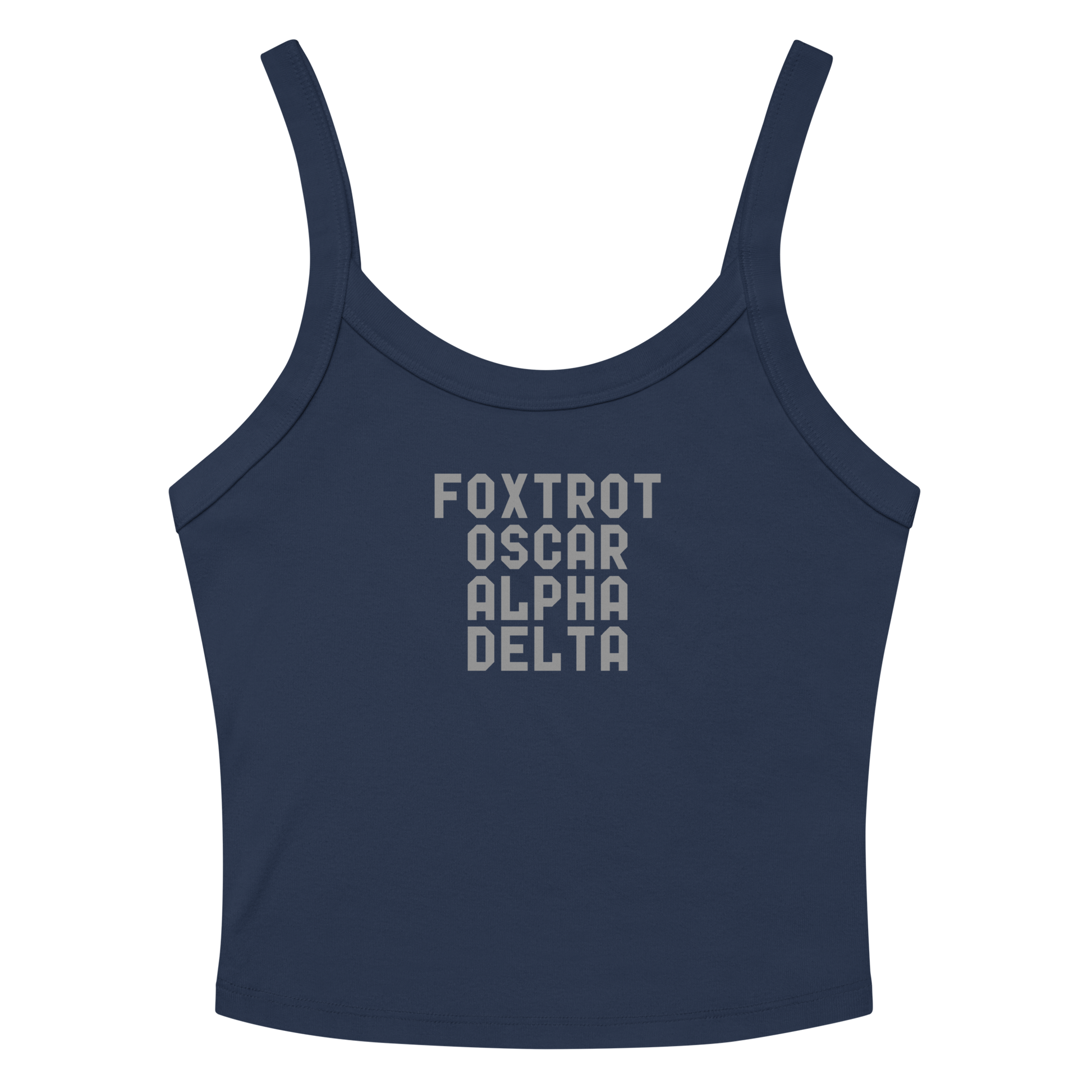 "Foxtrot Oscar Alpha Delta" printed on a solid navy blend women's micro-rib tanktop laying on a flat surface amongst sunglasses and shorts