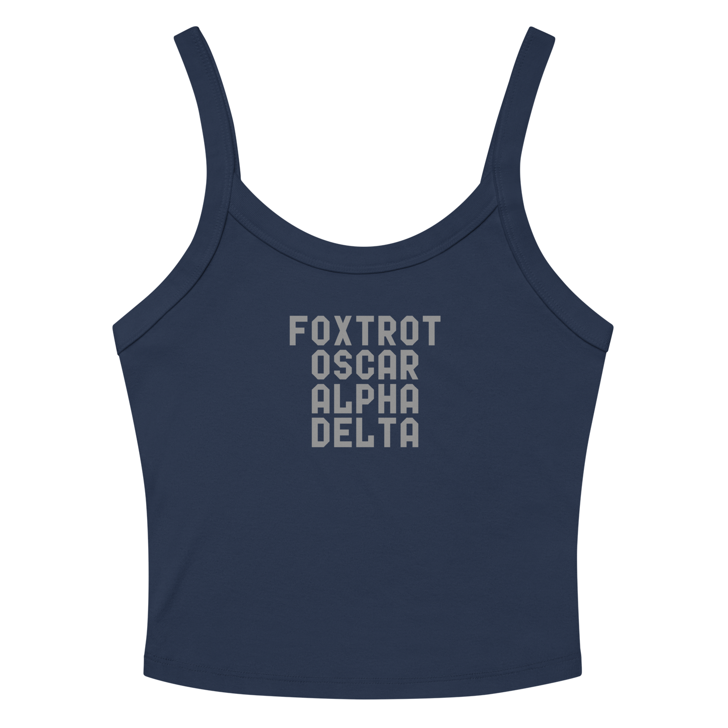 "Foxtrot Oscar Alpha Delta" printed on a solid navy blend women's micro-rib tanktop laying on a flat surface amongst sunglasses and shorts