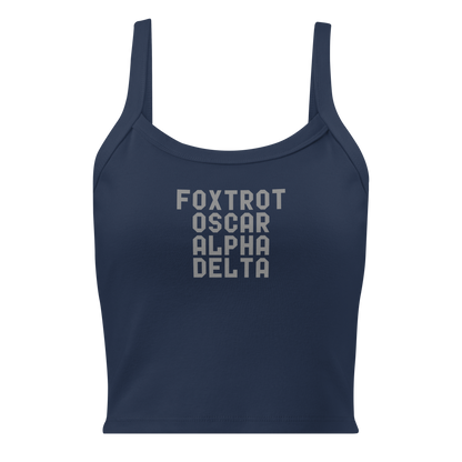 "Foxtrot Oscar Alpha Delta" printed on a solid navy blend women's micro-rib tanktop laying on a flat surface