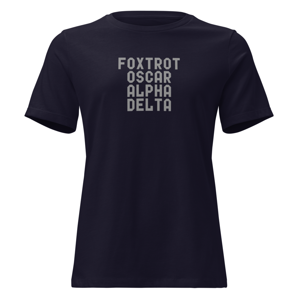 "Foxtrot Oscar Alpha Delta" printed on a navy on an invisible / simulated body