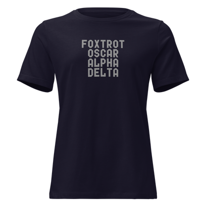 "Foxtrot Oscar Alpha Delta" printed on a navy on an invisible / simulated body