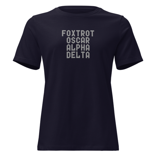 "Foxtrot Oscar Alpha Delta" printed on a navy on an invisible / simulated body