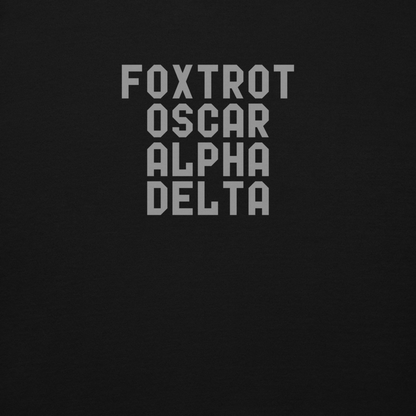 "Foxtrot Oscar Alpha Delta" printed on a black background