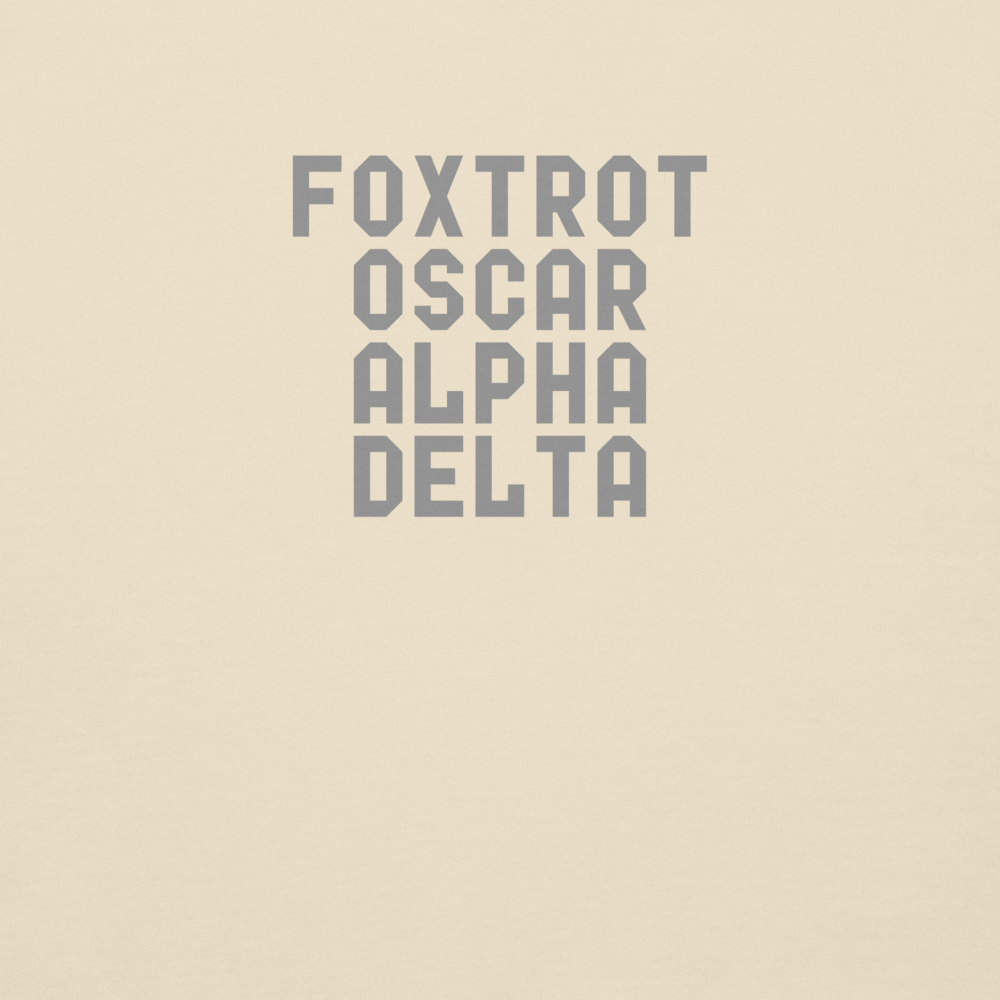 "Foxtrot Oscar Alpha Delta" printed on a bone background