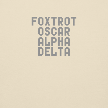 "Foxtrot Oscar Alpha Delta" printed on a bone background