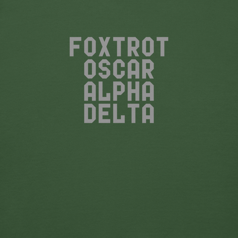 "Foxtrot Oscar Alpha Delta" printed on a forest green background