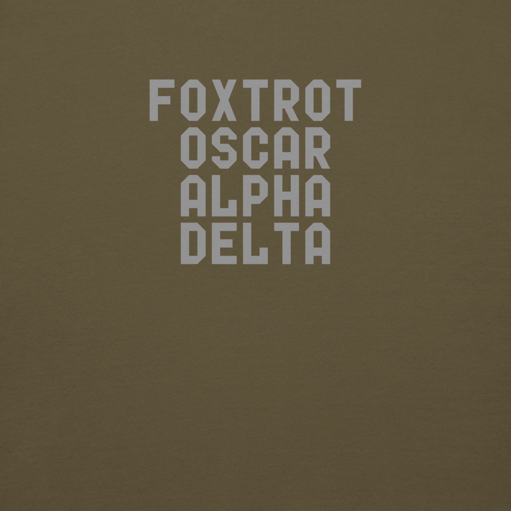 "Foxtrot Oscar Alpha Delta" printed on a military green background