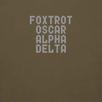 "Foxtrot Oscar Alpha Delta" printed on a military green background