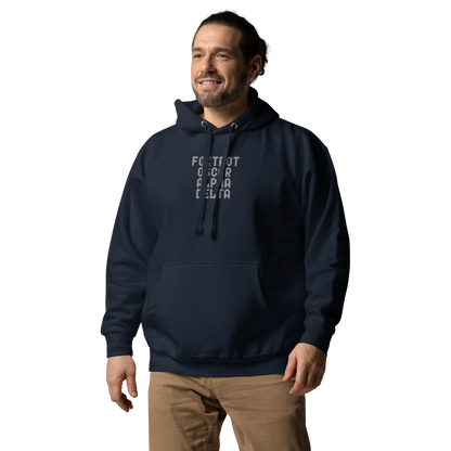 "Foxtrot Oscar Alpha Delta" printed on a navy blazer unisex hoodie worn by a male