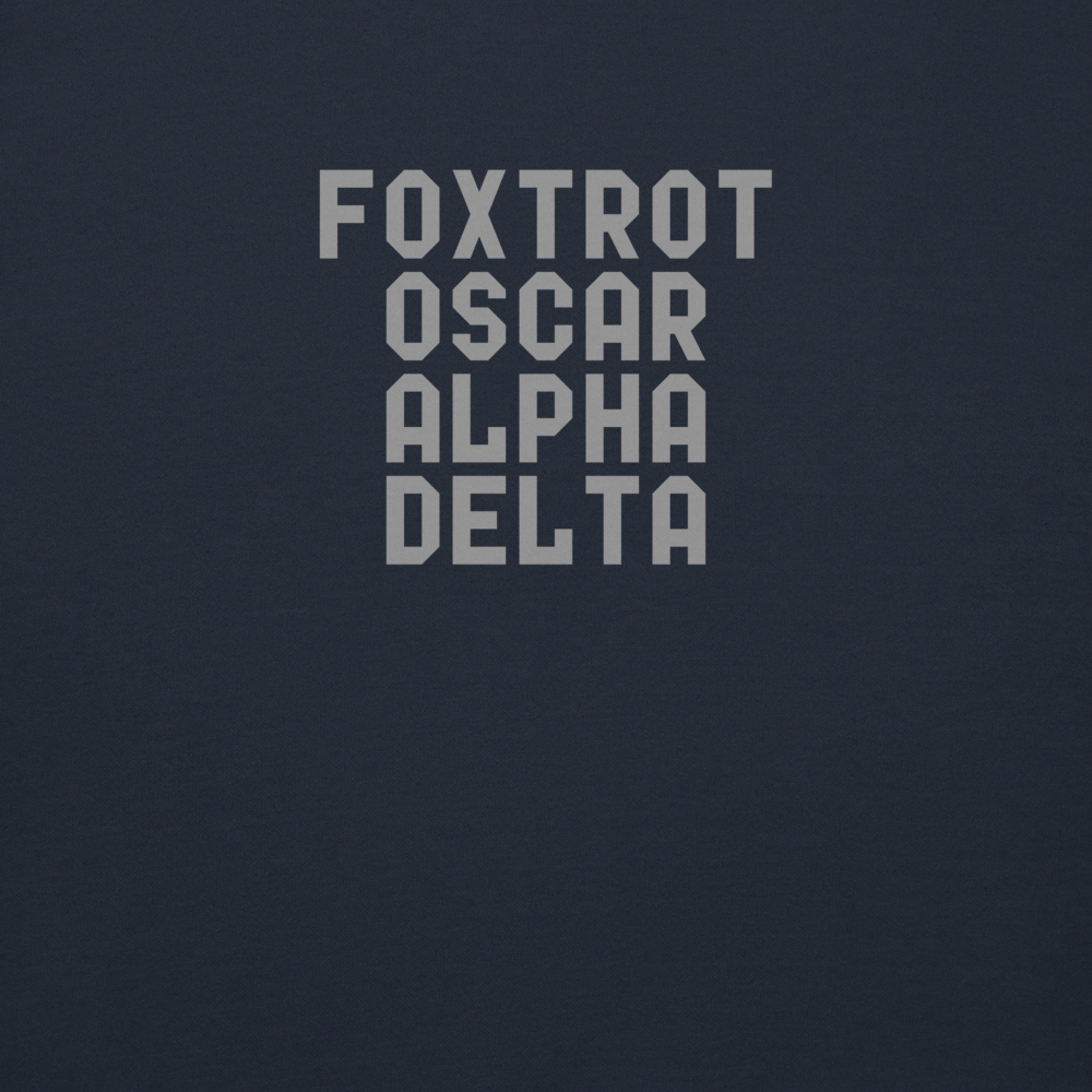 "Foxtrot Oscar Alpha Delta" printed on a navy blazer background