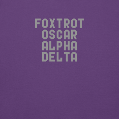 "Foxtrot Oscar Alpha Delta" printed on a purple background
