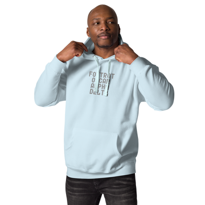 "Foxtrot Oscar Alpha Delta" printed on a sky blue unisex hoodie worn by a male