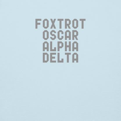 "Foxtrot Oscar Alpha Delta" printed on a sky blue background