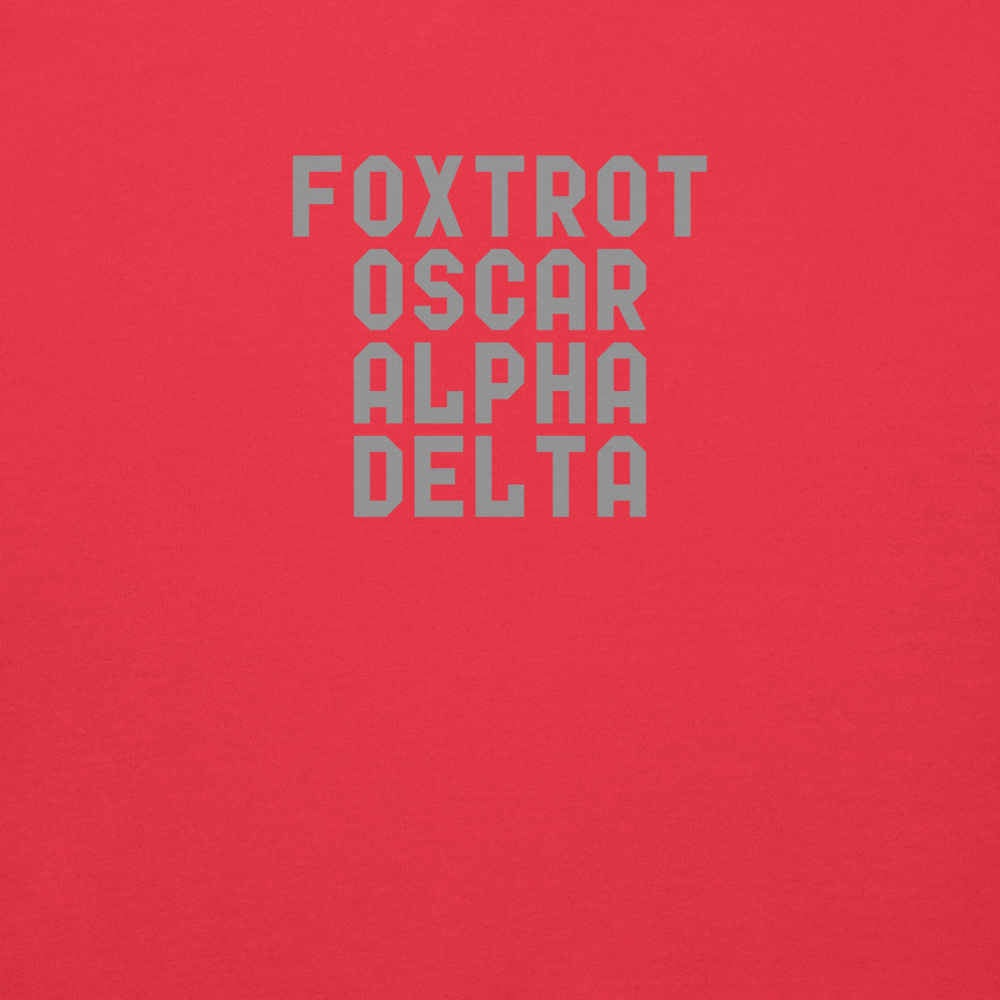 "Foxtrot Oscar Alpha Delta" printed on a team red background
