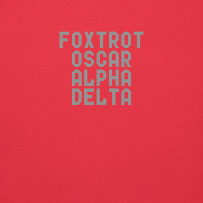 "Foxtrot Oscar Alpha Delta" printed on a team red background