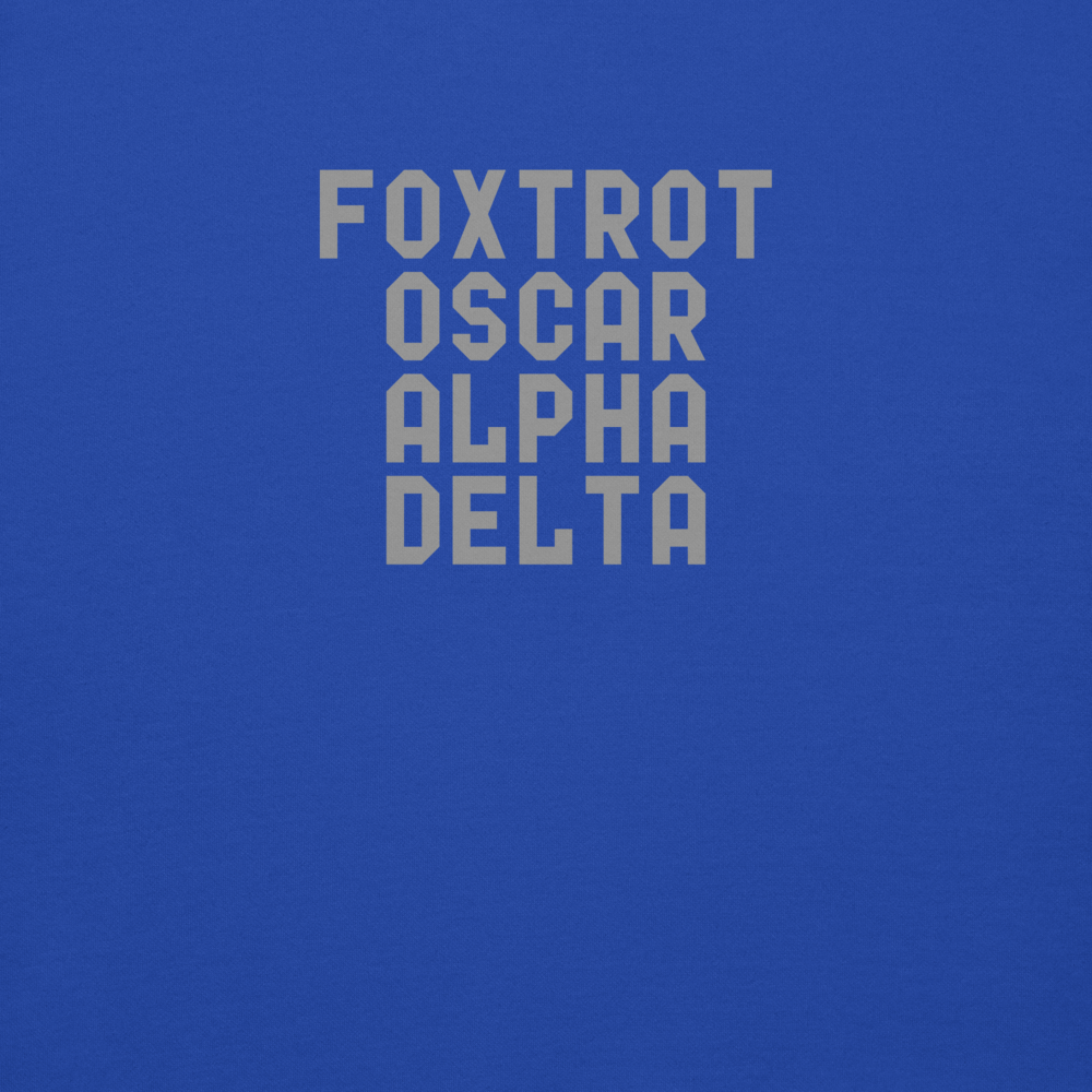 "Foxtrot Oscar Alpha Delta" printed on a team royal background