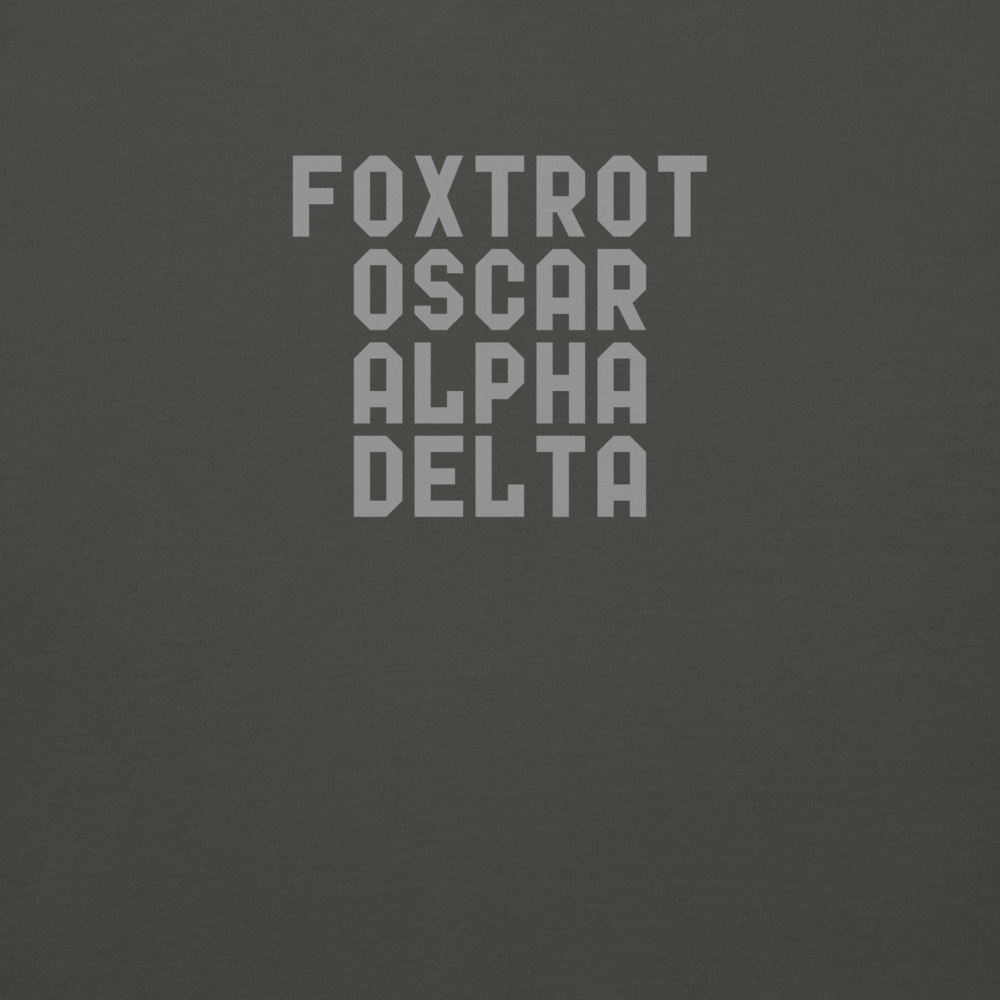 "Foxtrot Oscar Alpha Delta" printed on a vintage black background