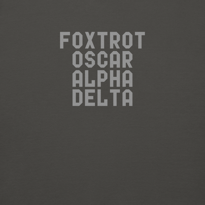 "Foxtrot Oscar Alpha Delta" printed on a vintage black background