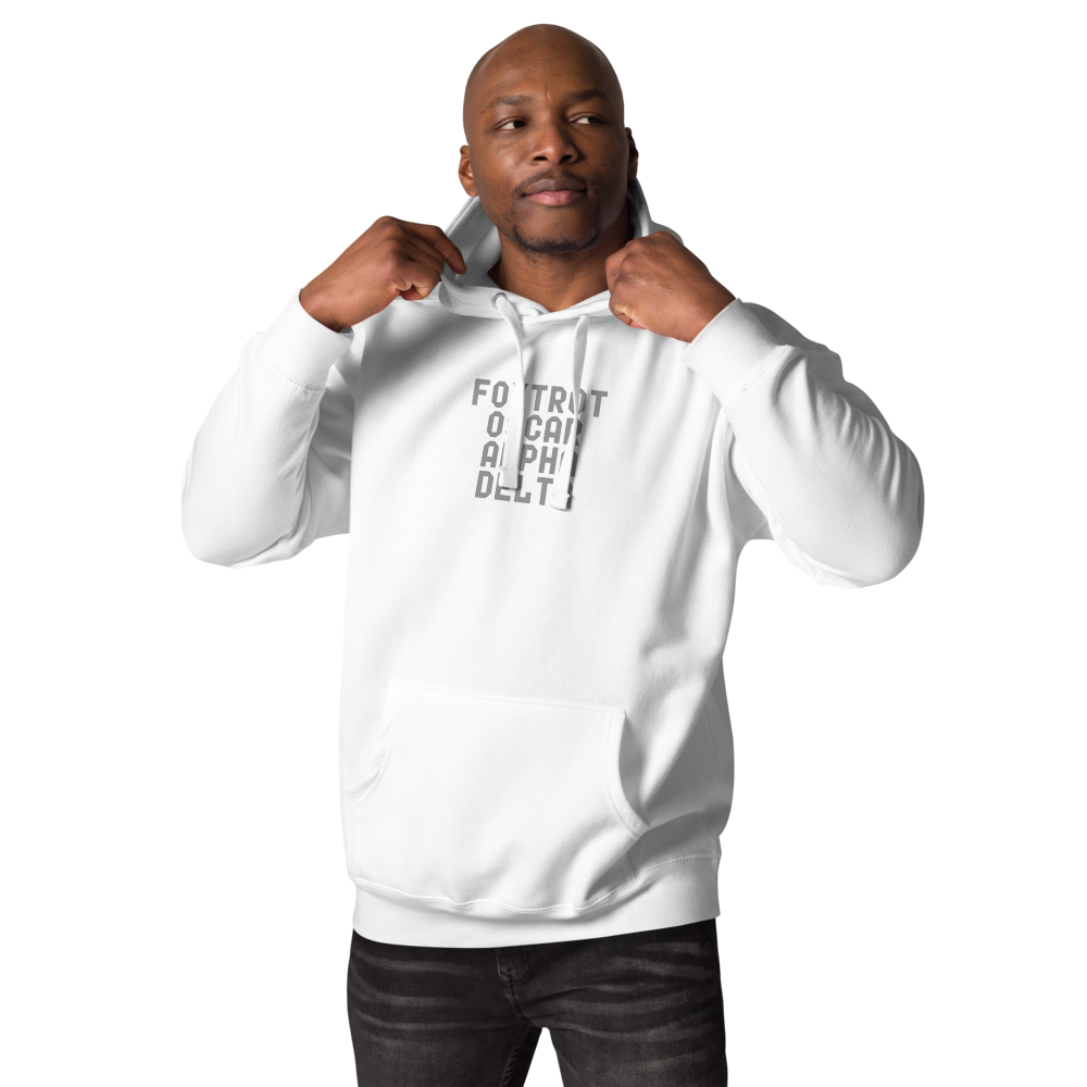 "Foxtrot Oscar Alpha Delta" printed on a white unisex hoodie worn by a male
