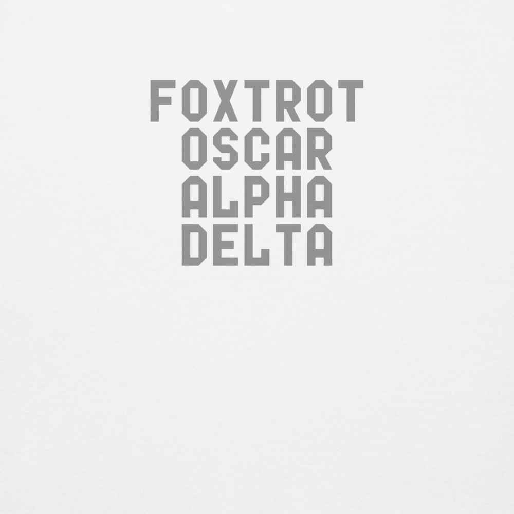 "Foxtrot Oscar Alpha Delta" printed on a white background